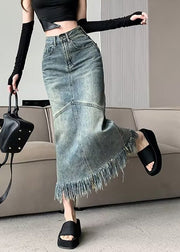 Vintage Blue Patchwork Tassel Denim Maxi Skirts Summer