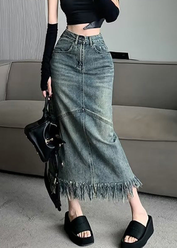 Vintage Blue Patchwork Tassel Denim Maxi Skirts Summer