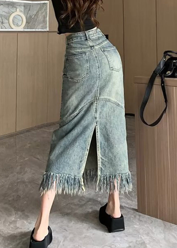 Vintage Blue Patchwork Tassel Denim Maxi Skirts Summer