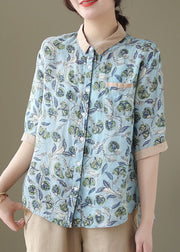 Vintage Blue Peter Pan Collar Print Patchwork Linen Shirts Summer