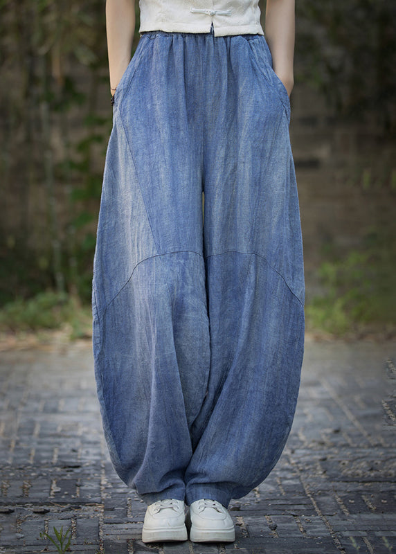 Vintage Blue Pockets High Waist Linen Summer Pants