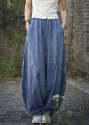 Vintage Blue Pockets High Waist Linen Summer Pants