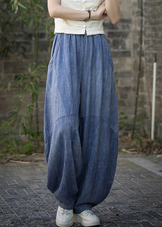 Vintage Blue Pockets High Waist Linen Summer Pants