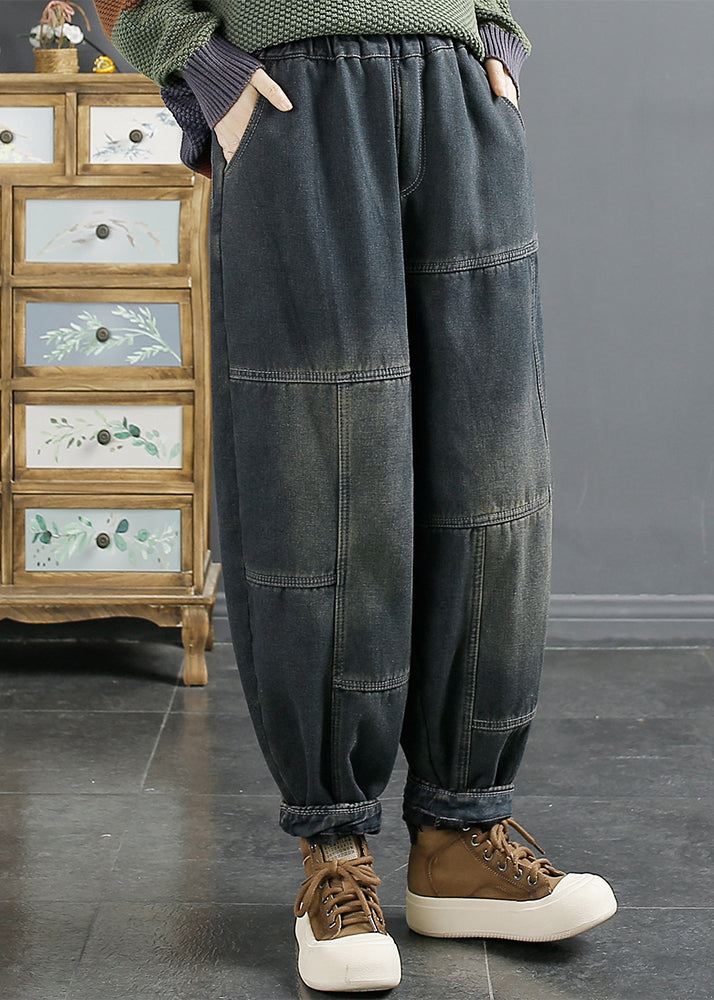 Vintage Blue Pockets Patchwork Elastic Waist Warm Fleece Denim Pants Fall