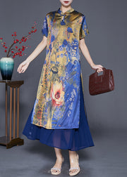 Vintage Blue Print Patchwork Silk Maxi Dresses Summer