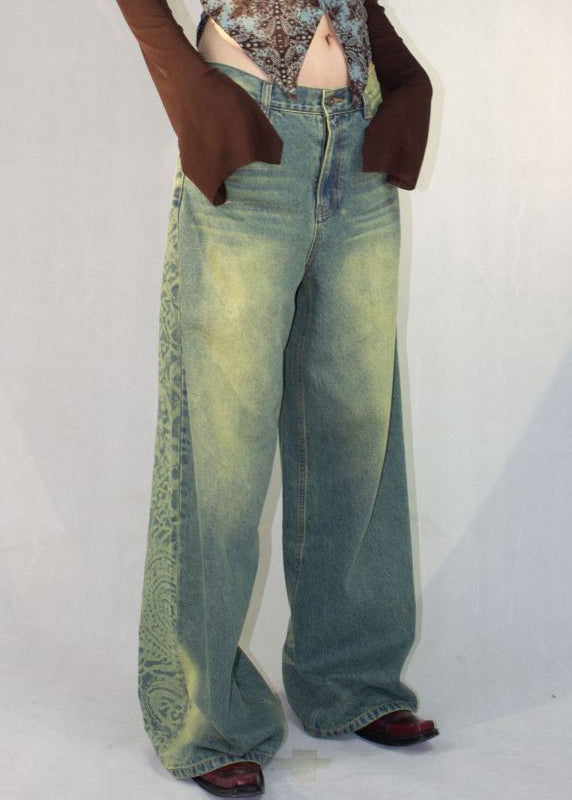 Vintage Blue Print Pockets High Waist Denim Pants Fall