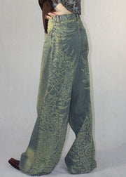 Vintage Blue Print Pockets High Waist Denim Pants Fall