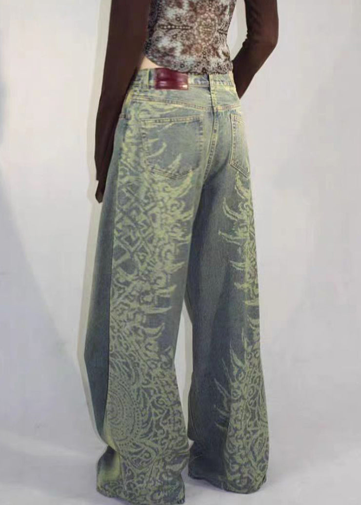 Vintage Blue Print Pockets High Waist Denim Pants Fall