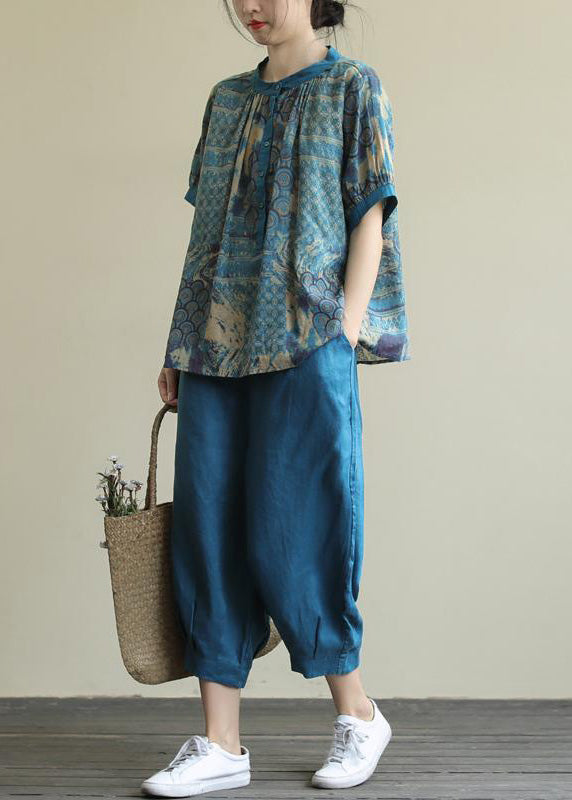 Vintage Blue Print Top And Harem Pants Two Piece Set Summer