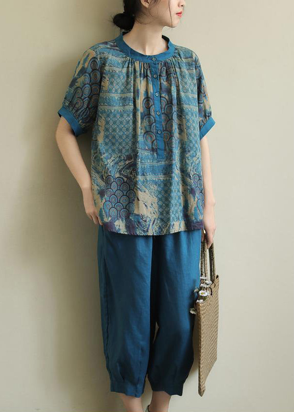 Vintage Blue Print Top And Harem Pants Two Piece Set Summer