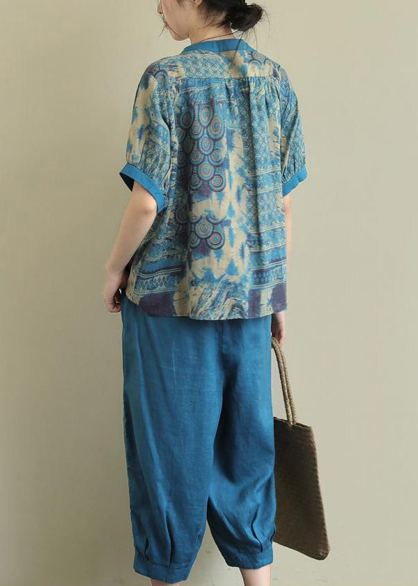 Vintage Blue Print Top And Harem Pants Two Piece Set Summer