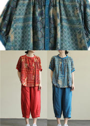 Vintage Blue Print Top And Harem Pants Two Piece Set Summer