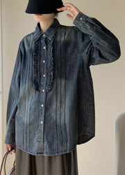 Vintage Blue Ruffled Button Denim Shirt Spring