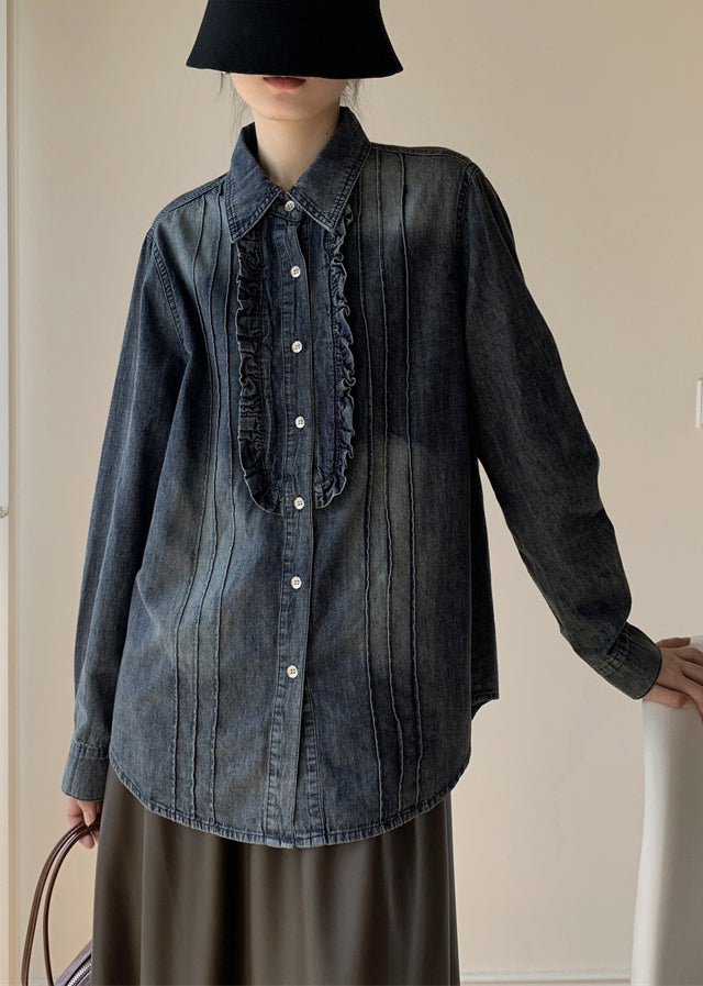 Vintage Blue Ruffled Button Denim Shirt Spring