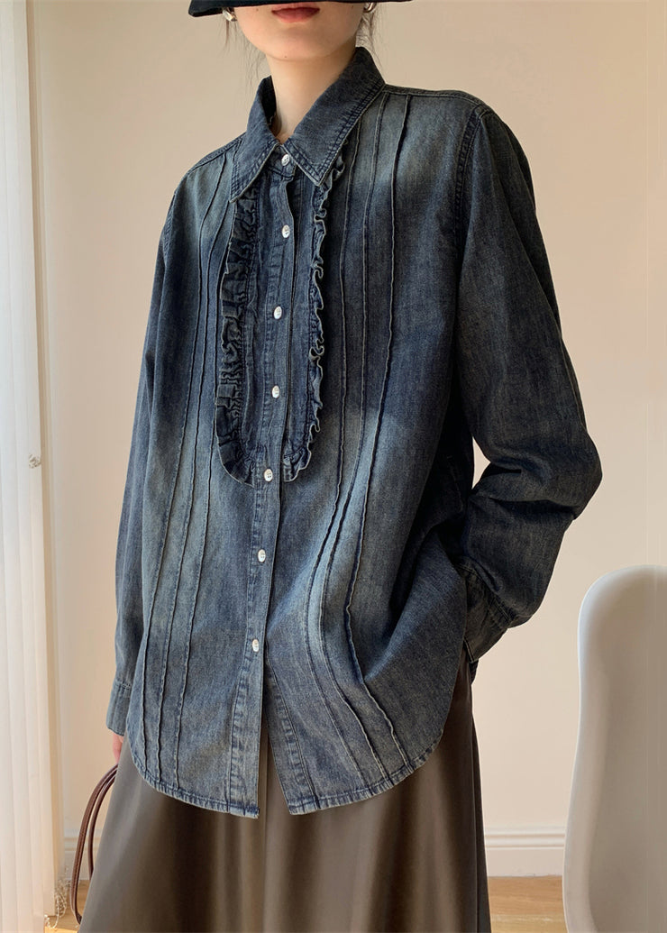 Vintage Blue Ruffled Button Denim Shirt Spring