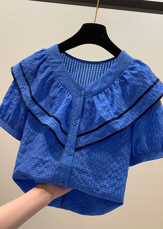 Vintage Blue Ruffled Patchwork Chiffon Shirt Tops Summer