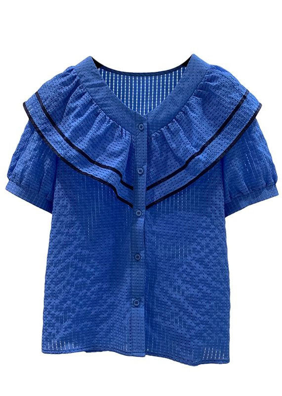 Vintage Blue Ruffled Patchwork Chiffon Shirt Tops Summer