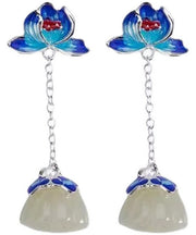 Vintage Blue Silver Jade Drop Cloisonne Lotus Earrings