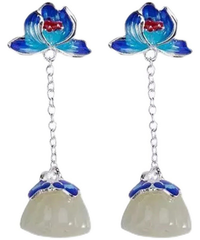 Vintage Blue Silver Jade Drop Cloisonne Lotus Earrings