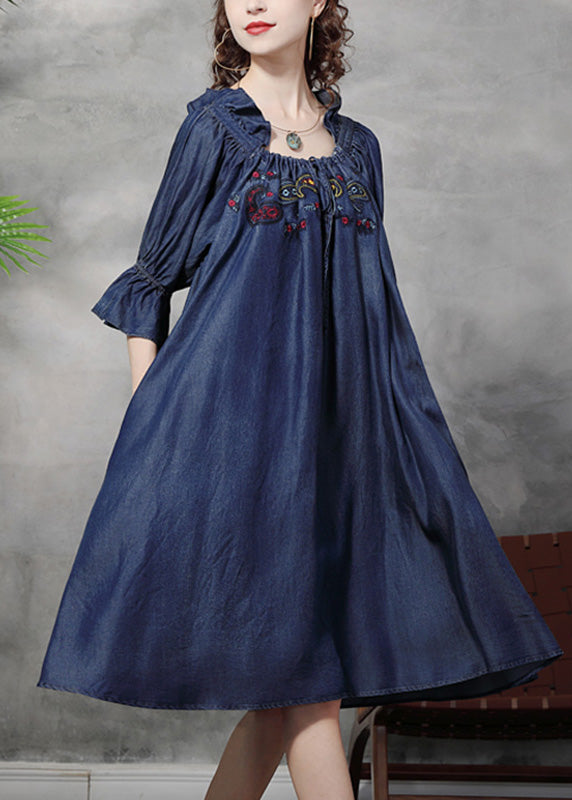 Vintage Blue Square Collar Embroideried Floral Ruffled Patchwork Long Dresses Half Sleeve