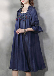 Vintage Blue Square Collar Embroideried Floral Ruffled Patchwork Long Dresses Half Sleeve