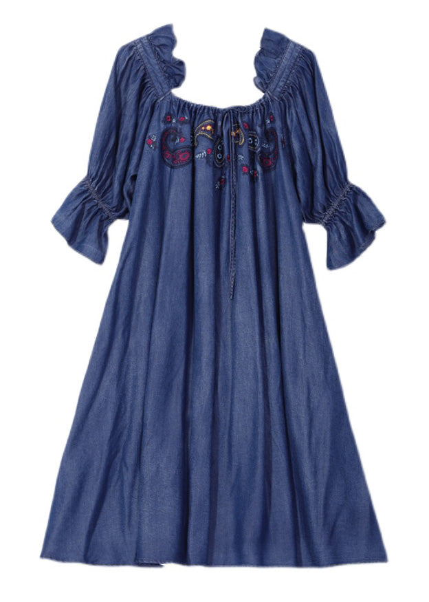 Vintage Blue Square Collar Embroideried Floral Ruffled Patchwork Long Dresses Half Sleeve