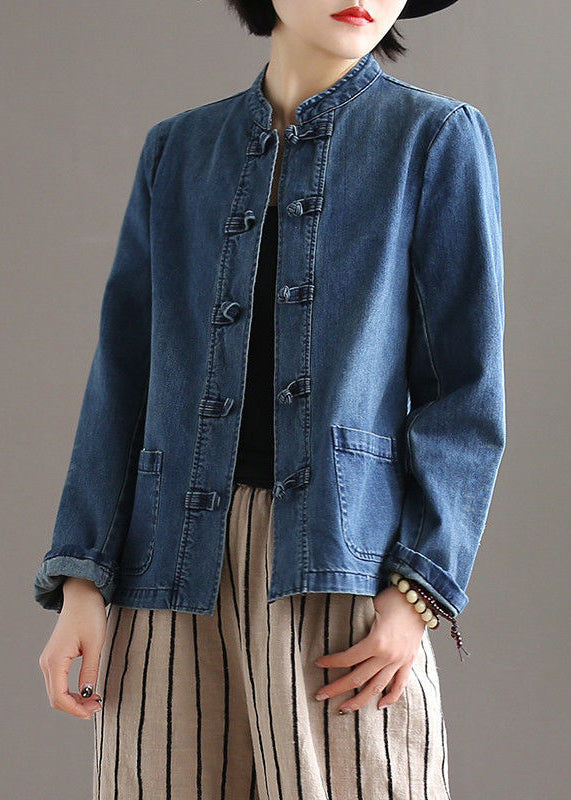 Vintage Blue Stand Collar Patchwork Button Pockets Cotton Denim Coat Long Sleeve