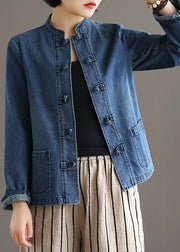 Vintage Blue Stand Collar Patchwork Button Pockets Cotton Denim Coat Long Sleeve