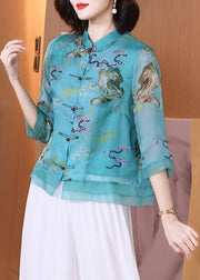 Vintage Blue Stand Collar Print Chinese Button Patchwork Linen Tops Summer