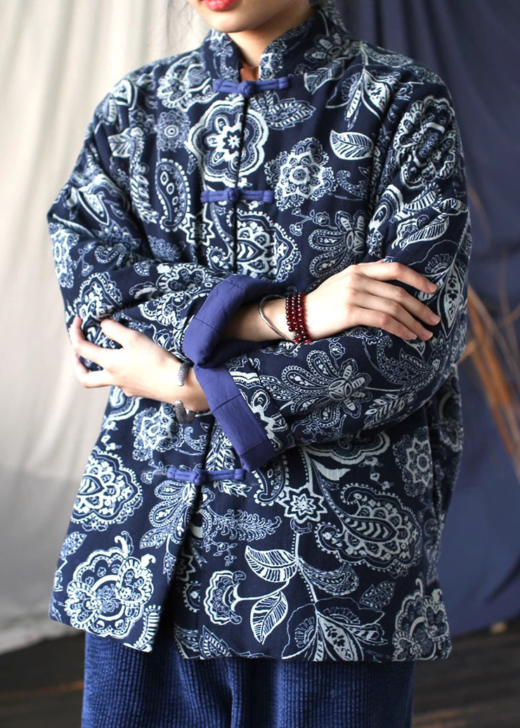 Vintage Blue Stand Collar Print Fine Cotton Filled Jackets Spring