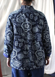 Vintage Blue Stand Collar Print Fine Cotton Filled Jackets Spring