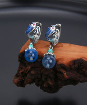 Vintage Blue Sterling Silver Cloisonne A Fish Leaping Over The Dragon Gate Drop Earrings