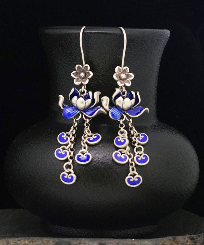 Vintage Blue Sterling Silver Cloisonne Lotus Tassel Drop Earrings