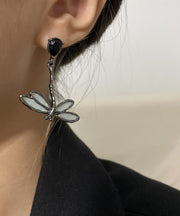 Vintage Blue Sterling Silver Dragonfly Drip Glaze Drop Earrings