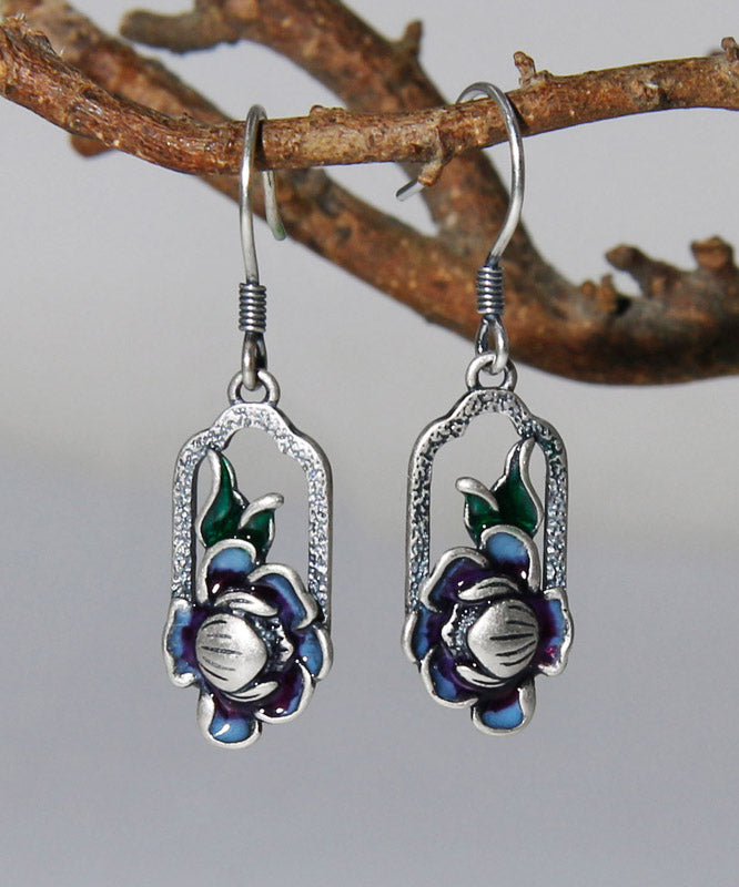 Vintage Blue Sterling Silver Floral Drop Earrings