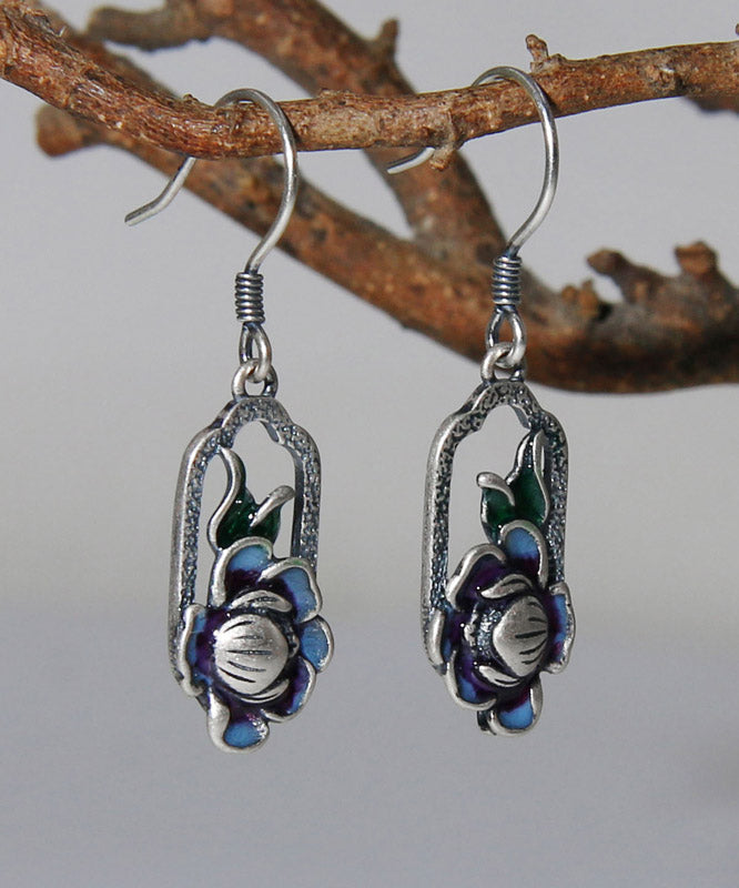 Vintage Blue Sterling Silver Floral Drop Earrings