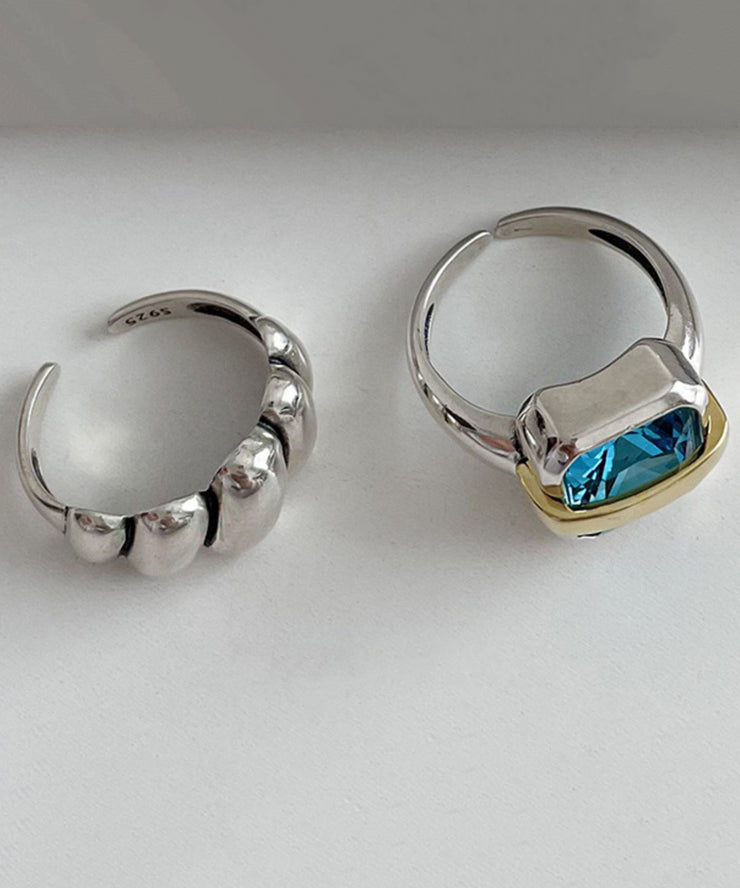 Vintage Blue Sterling Silver Square Gem Stone And Wrinkled Two Piece Set Rings