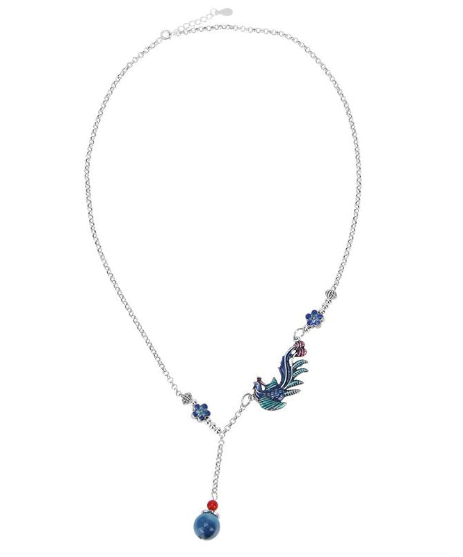 Vintage Blue Sterling Silver Tassel Cloisonne Floral Enamel Phoenix Pendant Necklace