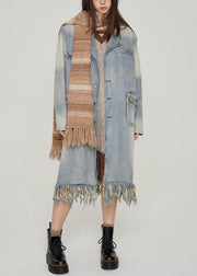 Vintage Blue Tasseled Pockets Patchwork Denim Long Coats Fall