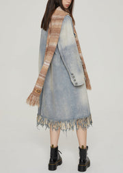 Vintage Blue Tasseled Pockets Patchwork Denim Long Coats Fall