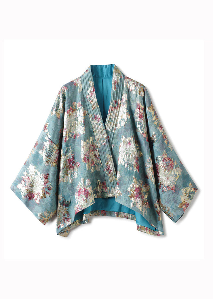 Vintage Blue V Neck Jacquard Patchwork Cotton Cardigan Fall