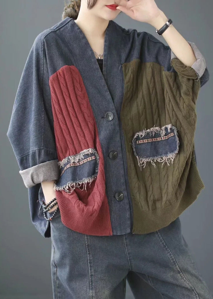 Vintage Blue V Neck Knit Patchwork Denim Coats Long Sleeve