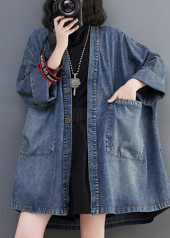 Vintage Blue V Neck Patchwork Button Trench Coats Spring