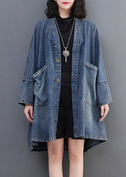 Vintage Blue V Neck Patchwork Button Trench Coats Spring