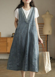 Vintage Blue V Neck Patchwork Denim Tank Dress Sleeveless