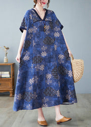 Vintage Blue V Neck Patchwork Long Dresses Summer