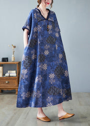 Vintage Blue V Neck Patchwork Long Dresses Summer