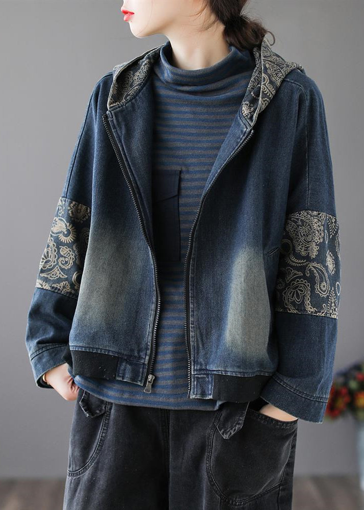 Vintage Blue V Neck Print Patchwork Zippered Cotton Denim Coat Long Sleeve