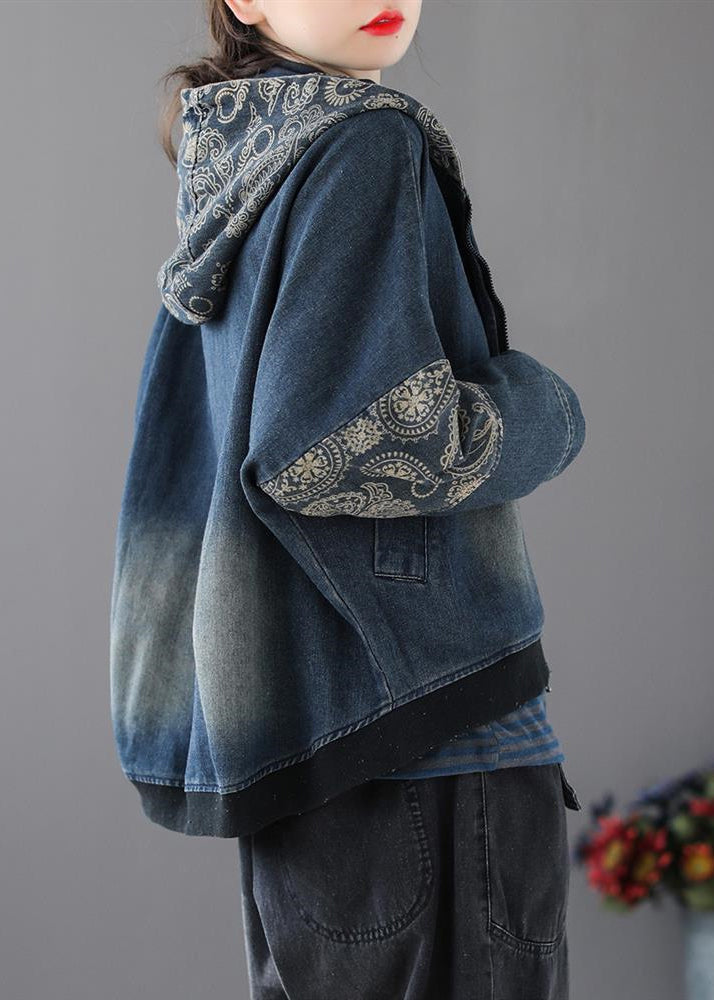 Vintage Blue V Neck Print Patchwork Zippered Cotton Denim Coat Long Sleeve