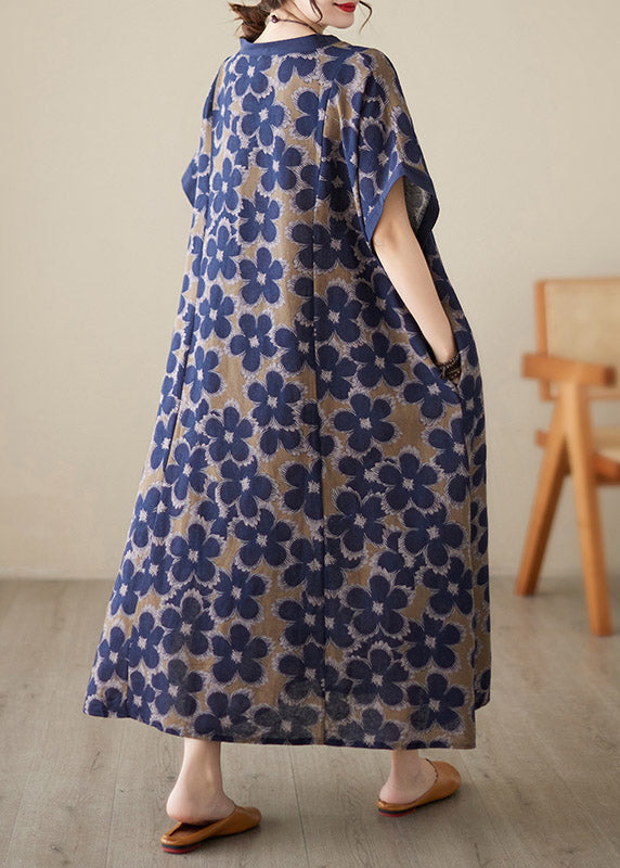 Vintage Blue V Neck Print Robe Dresses Short Sleeve